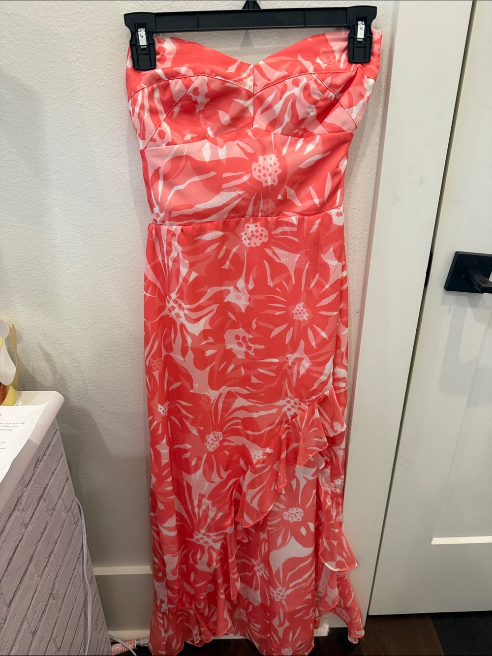 Amanda Uprichard Strapless Coral and White Floral Maxi Dress